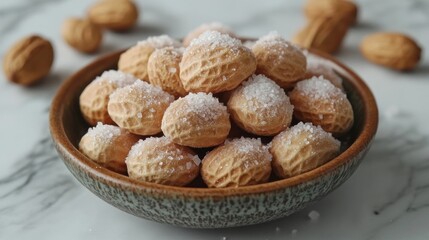 Sugar-dusted peanut-shaped cookies in a bowl