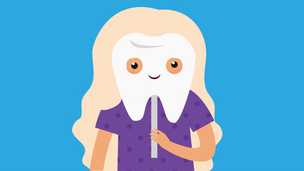 Illustration of a girl with a tooth on a blue background.
