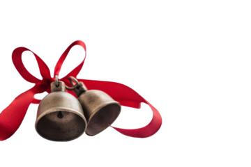 Metallic bells with red ribbon isolated on transparent png background for festive celebration themes for back to school