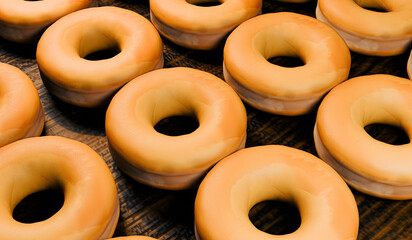 donuts on wooden table background 3d render image