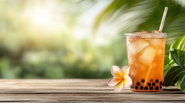 A vibrant bubble tea drink with ice and tapioca pearls is beautifully placed on a wooden surface, complemented by a tropical flower, exuding a refreshing summer vibe.