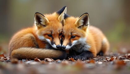 Close-up photo baby foxes cuddling each other. Cute fluffy fox cubs rest. Wildlife, nature, forest background, autumn leaves. Fox family, tenderness, animal love.