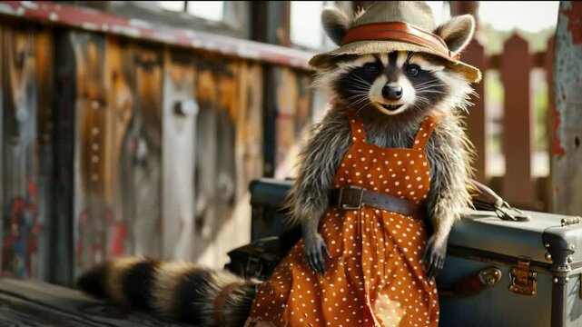 A cute rakun in an orange dress with white dots and a straw hat sits on a suitcase, creating an adorable and fun scene perfect for children's projects and entertainment content.
