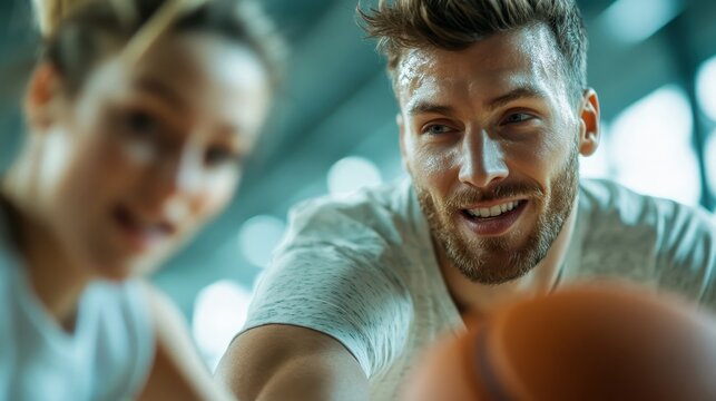 An enthusiastic young man smiles while engaging in a basketball training session with a friend, showcasing teamwork and athlete motivation in a bright gym environment.