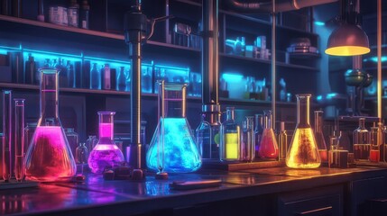 Colorful chemical solutions in glass beakers and test tubes on a clean lab bench, soft lighting, modern laboratory setting