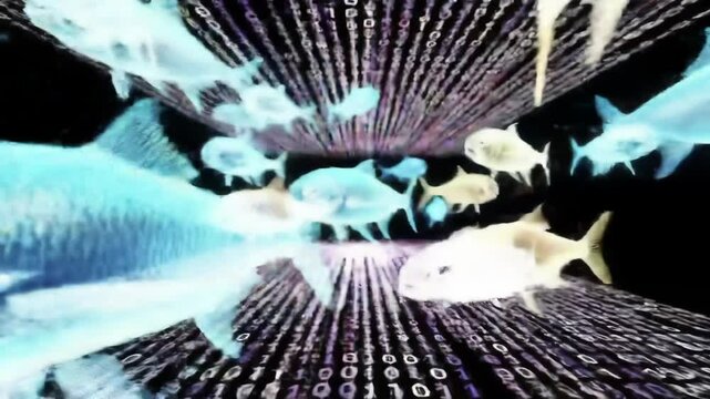 Fish swimming through a digital binary code stream