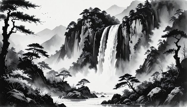 シルク水墨画 山水画 風景画 男性に人気！ シルク水墨画 山水画 風景画 きつ 絵画 - 絵画