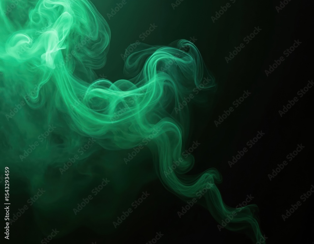 Poster green smoke abstract design on black background. dynamic swirling fog effect. modern tech design ele