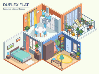 Fototapeta premium Cartoon Color Duplex Flat Interior Inside Concept Bedroom, Wardrobe, Terrace and Kitchen 3d Isometric View Line Elements. Vector illustration