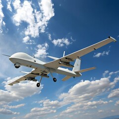 Obraz premium Armed Military Drone Flying in Blue Sky with Clouds