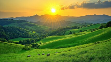 Sun-drenched hills, lush green pastures, sheep graze peacefully at sunset