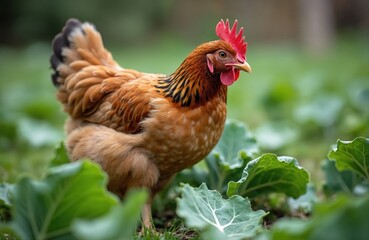 Fototapeta premium Portrait of brown hen pecking cabbage leaves in free-range yard. Chicken with red comb, beak foraging green food. Farming concept, agriculture theme, poultry bird in natural eco-friendly environment.