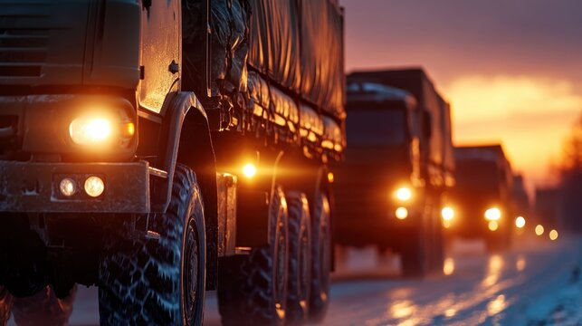 A line of military trucks navigate a snowy road during sunset, highlighting their robust design against a backdrop of vibrant orange and purple hues in the sky.