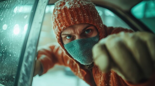 A tense scene reveals an intruder with a piercing gaze attempting to break into a car, framed by snow and urban elements, highlighting themes of danger and urgency.