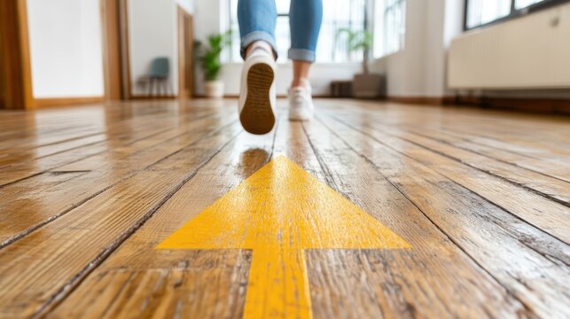 A person walks forward on a bright wooden floor with a large yellow arrow indicating the path ahead, symbolizing direction and progress in a well-lit space.