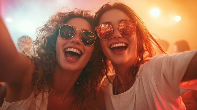 Two cheerful young women take a vibrant selfie at a lively party, capturing the essence of friendship, happiness, and fun amidst colorful lights and a festive atmosphere.
