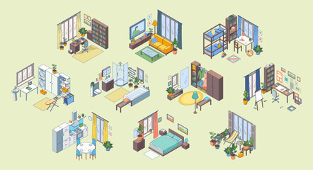 Cartoon Color Furniture Setting for Different Room Wardrobe, Bedroom, Bathroom, Kitchen and Terrace Concept 3d Isometric View Line Elements. Vector illustration