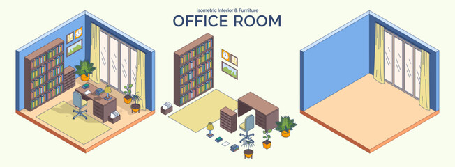 Cartoon Color Office Room Interior and Furniture Concept 3d Isometric View Line Elements. Vector illustration of Cabinet