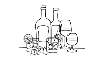 Alcohol with 4 glasses continious line drawing. Whiskey, wine glasses with drinks. Cheers toast festive decoration for holidays. Vector illustration	