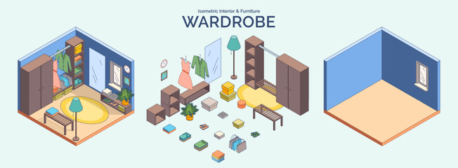 Cartoon Color Wardrobe Room Interior and Furniture with Clothes Concept 3d Isometric View Line Elements. Vector illustration
