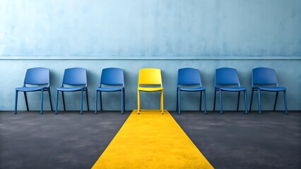 Standout Yellow Chair Among Blue Seats &ndash; Concept of Uniqueness, Leadership, and Recruitment