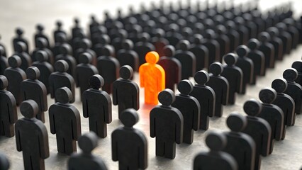 One Bright Orange Figure Among Crowd – Concept of Individuality and Standing Out