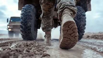 A soldier's boot steps through dusty terrain, symbolizing strength, resilience, and the challenging environment faced in military operations and field duties.