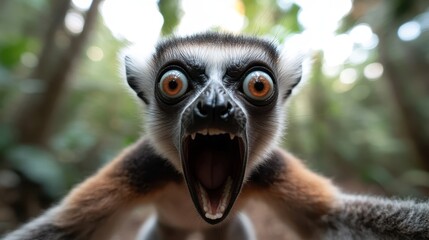 Obraz premium A close-up of a lemur with wide eyes and an open mouth expressing intense emotion, capturing a moment of raw and unfiltered wildlife experience in its natural habitat.