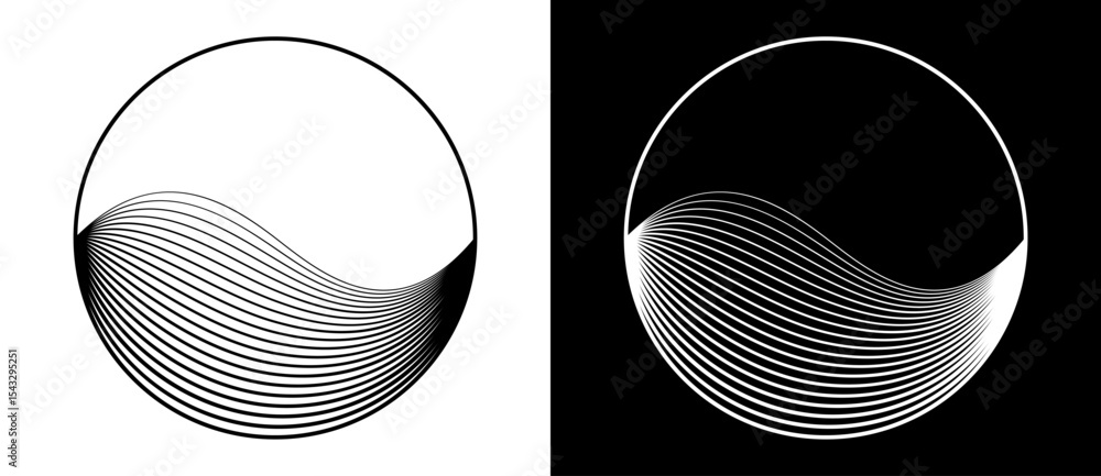Poster Circle abstract background with dynamic waves lines. Black shape on a white background and the same white shape on the black side.