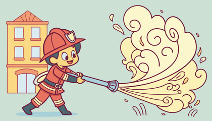 A cartoon firefighter heroically spraying water from a large hose, battling a fictional blaze. The scene is vibrant and playfull.             