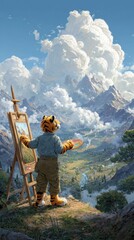 paints a scenic mountain vista.