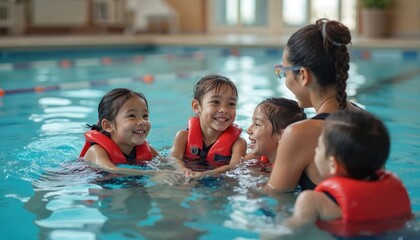 Children in swimming pool with instructor. Kids wearing life jackets enjoy swimming lessons. Instructor teaches water safety, rescue techniques for kids. Positive emotions, fun activities,