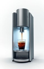 Modern soda stream machine dispensing sparkling drink in glass cup. Carbonated beverage with bubbles and ice. Refreshing drink, summer vibes, home appliance for drinks.