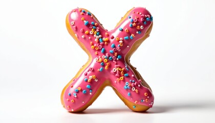 Donut in the shape of letter X with pink glaze, colorful sprinkles isolated on white background. Pastry dessert for a birthday, party, event, alphabet cake, or promotion design. Sweet, tasty treat.