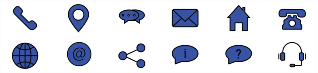 Communication and Contact Icons Set – Phone, Mail, Location, Support Symbols