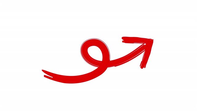 Hand drawn red brush arrow round upward to the right on a clean white background animation. for emphasis in presentations, marketing videos, call to actions, or animated explainer content