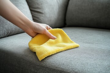 Close-up of a hand cleaning a gray fabric sofa with a yellow microfiber cloth. The image emphasizes home hygiene, fabric care and interior cleanliness with soft natural light and minimal background.