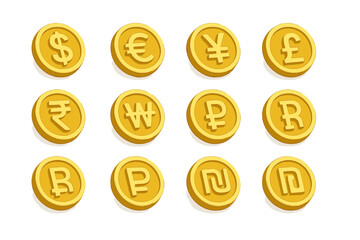 Golden coins displaying international currency symbols on yellow background