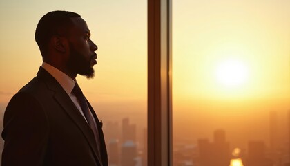Black businessman silhouette standing near window. CEO, owner in elegant suit watches sunset skyline. Successful executive reflects on achievements. Business high-rise tower office at golden hour.