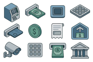 Banking and finance icons: atm, cash, receipt, security camera, bank building