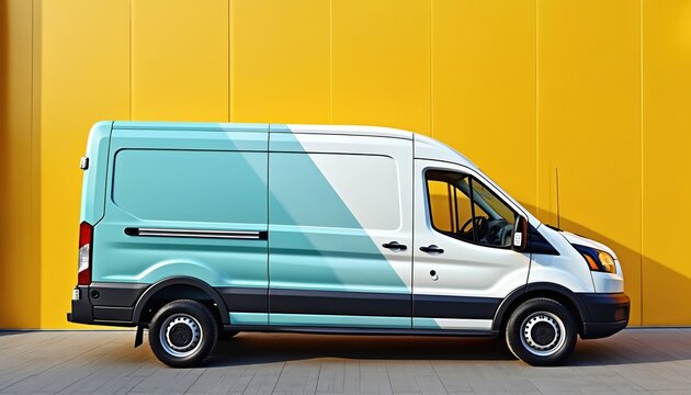 Fleet van mockup with branding design in urban setting. Modern environment. Vehicle wrap side view. Business, marketing, advertising concept. Clean aesthetic design, effective promotion strategy.