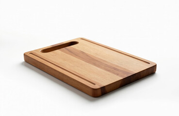 Wooden cutting board isolated on white background. Kitchen tool for cooking food. Natural wood surface and textures. Kitchenware for restaurant or home. Recipe, preparation, food design.