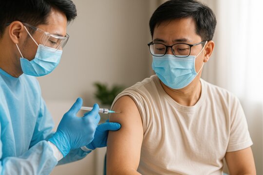 Close-up of a male doctor in a mask giving a vaccination to an Asian man. Both are wearing protective masks and gloves. Calm indoor environment. Immunization, healthcare, virus prevention concept - Powered by Adobe