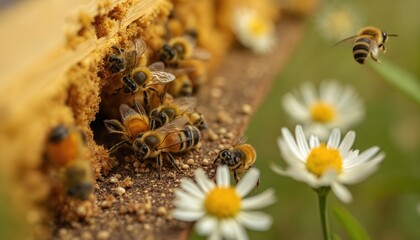 Honey bees enter wooden beehive. Bees collect pollen on meadow flowers. Macro shot showcases natural beauty, insect life. Beekeeping, apiculture, eco-friendly honey production.