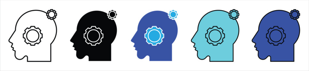 Human Head with Gear Icons – Thinking, Intelligence, and Mental Process Symbols