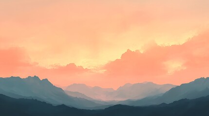 A serene landscape of mountains bathed in soft, peachy hues of sunset.