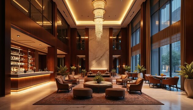 Luxurious hotel lobby with bar interiors. Five star hotel design with modern architecture, stylish furniture, big windows. Cozy atmosphere, elegant interior with marble wall. Hotel cafe with tables