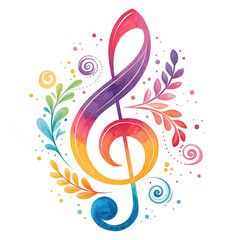 Fototapeta premium Colorful watercolor treble clef with floral design isolated on transparent background