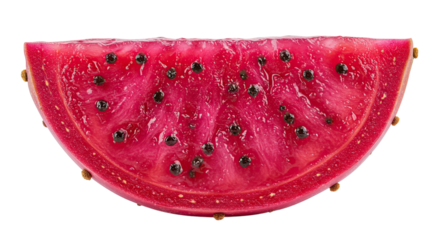 Close-up of a vibrant red prickly pear cactus fruit slice with black seeds