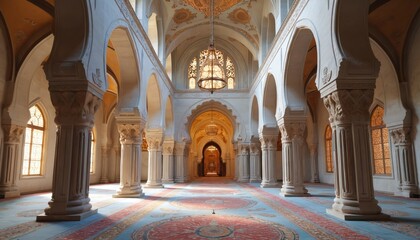 Obraz premium Ornate Islamic prayer hall interior. Arabic architectural design with arch, columns. Golden light, empty, serene space with patterned carpet, elegant decoration, lighting, peaceful environment.